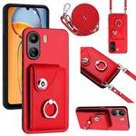 For Xiaomi Redmi 13C 4G / Poco C65 Organ Card Bag Ring Holder Phone Case with Long Lanyard(Red)