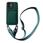 For iPhone 11 Card Slot Liquid Silicone Phone Case with Lanyard(Dark Green)