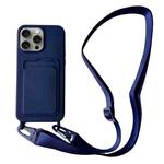 For iPhone 11 Pro Card Slot Liquid Silicone Phone Case with Lanyard(Dark Blue)