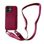 For iPhone 12 Card Slot Liquid Silicone Phone Case with Lanyard(Wine Red)