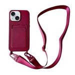 For iPhone 13 Card Slot Liquid Silicone Phone Case with Lanyard(Wine Red)