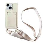 For iPhone 14 Plus Card Slot Liquid Silicone Phone Case with Lanyard(White)