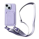 For iPhone 14 Plus Card Slot Liquid Silicone Phone Case with Lanyard(Light Purple)