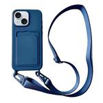 For iPhone 14 Plus Card Slot Liquid Silicone Phone Case with Lanyard(Royal Blue)