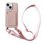 For iPhone 14 Plus Card Slot Liquid Silicone Phone Case with Lanyard(Light Pink)