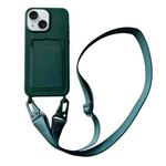 For iPhone 14 Plus Card Slot Liquid Silicone Phone Case with Lanyard(Dark Green)