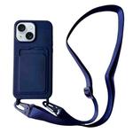 For iPhone 15 Card Slot Liquid Silicone Phone Case with Lanyard(Dark Blue)