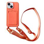 For iPhone 15 Plus Card Slot Liquid Silicone Phone Case with Lanyard(Orange)