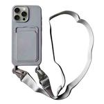 For iPhone 15 Pro Max Card Slot Liquid Silicone Phone Case with Lanyard(Grey)