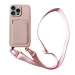 For iPhone 15 Pro Max Card Slot Liquid Silicone Phone Case with Lanyard(Light Pink)