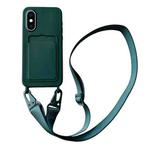 For iPhone XS / X Card Slot Liquid Silicone Phone Case with Lanyard(Dark Green)