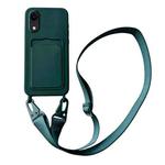 For iPhone XR Card Slot Liquid Silicone Phone Case with Lanyard(Dark Green)