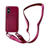 For iPhone XS Max Card Slot Liquid Silicone Phone Case with Lanyard(Wine Red)