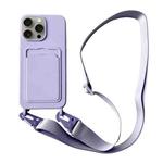 For iPhone 16 Pro Max Card Slot Liquid Silicone Phone Case with Lanyard(Light Purple)