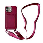 For iPhone 16 Plus Card Slot Liquid Silicone Phone Case with Lanyard(Wine Red)