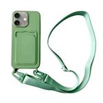 For iPhone 16 Plus Card Slot Liquid Silicone Phone Case with Lanyard(Matcha Green)