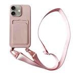 For iPhone 16 Card Slot Liquid Silicone Phone Case with Lanyard(Light Pink)