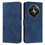 For Realme 12+ Skin Feel Heart Embossed Leather Phone Case with Long Lanyard(Blue)