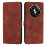 For Realme 12+ Skin Feel Heart Embossed Leather Phone Case with Long Lanyard(Brown)