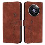 For Realme 12 5G Skin Feel Heart Embossed Leather Phone Case with Long Lanyard(Brown)