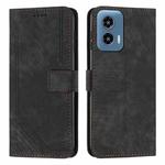 For Motorola Moto G34 5G Skin Feel Stripe Pattern Leather Phone Case with Long Lanyard(Black)