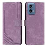 For Motorola Moto G34 5G Skin Feel Stripe Pattern Leather Phone Case with Long Lanyard(Purple)