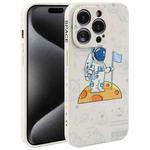 For iPhone 15 Pro Max Astronaut Pattern Silicone Straight Edge Phone Case(Planet Landing-White)
