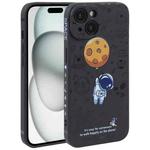 For iPhone 15 Plus Astronaut Pattern Silicone Straight Edge Phone Case(Planet Landing-Black)