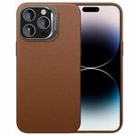 For iPhone 14 Pro PC Hybrid TPU Holder Plain Leather Phone Case(Brown)