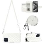 For iPhone 15 Pro Max Rhombic Texture Flip Leather Phone Case with Long Lanyard(White)