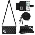 For iPhone 15 Plus Rhombic Texture Flip Leather Phone Case with Long Lanyard(Black)