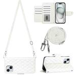 For iPhone 15 Plus Rhombic Texture Flip Leather Phone Case with Long Lanyard(White)