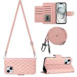 For iPhone 15 Plus Rhombic Texture Flip Leather Phone Case with Long Lanyard(Coral Pink)