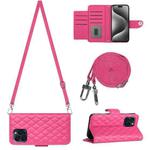 For iPhone 14 Pro Max Rhombic Texture Flip Leather Phone Case with Long Lanyard(Rose Red)