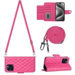 For iPhone 13 Pro Rhombic Texture Flip Leather Phone Case with Long Lanyard(Rose Red)