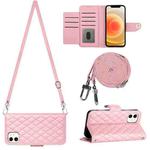 For iPhone 12 / 12 Pro Rhombic Texture Flip Leather Phone Case with Long Lanyard(Pink)