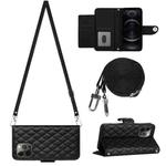 For iPhone 12 Pro Max Rhombic Texture Flip Leather Phone Case with Long Lanyard(Black)