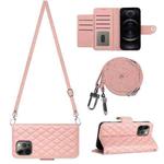 For iPhone 12 Pro Max Rhombic Texture Flip Leather Phone Case with Long Lanyard(Coral Pink)