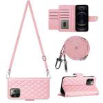 For iPhone 12 Pro Max Rhombic Texture Flip Leather Phone Case with Long Lanyard(Pink)