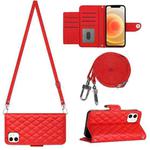 For iPhone 11 Rhombic Texture Flip Leather Phone Case with Long Lanyard(Red)
