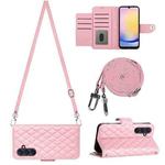 For Samsung Galaxy A15 5G Rhombic Texture Flip Leather Phone Case with Long Lanyard(Pink)