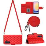 For Samsung Galaxy A55 Rhombic Texture Flip Leather Phone Case with Long Lanyard(Red)
