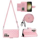 For Samsung Galaxy S24 Ultra 5G Rhombic Texture Flip Leather Phone Case with Long Lanyard(Pink)