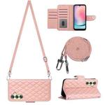 For Samsung Galaxy A24 4G Rhombic Texture Flip Leather Phone Case with Long Lanyard(Coral Pink)