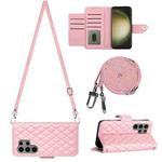 For Samsung Galaxy S23 Ultra 5G Rhombic Texture Flip Leather Phone Case with Long Lanyard(Pink)