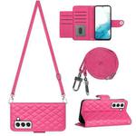 For Samsung Galaxy S23+ 5G Rhombic Texture Flip Leather Phone Case with Long Lanyard(Rose Red)