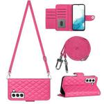 For Samsung Galaxy S23 5G Rhombic Texture Flip Leather Phone Case with Long Lanyard(Rose Red)