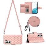 For Samsung Galaxy S23 5G Rhombic Texture Flip Leather Phone Case with Long Lanyard(Coral Pink)