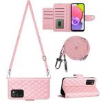 For Samsung Galaxy A03s US Rhombic Texture Flip Leather Phone Case with Long Lanyard(Pink)