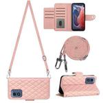 For Motorola Moto G Play 4G 2024 Rhombic Texture Flip Leather Phone Case with Long Lanyard(Coral Pink)